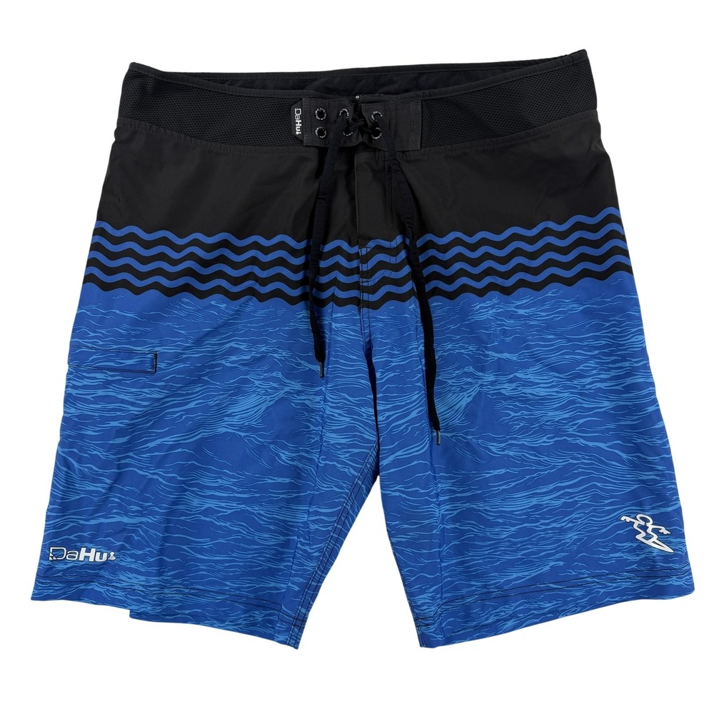 Da Hui Board Shorts Mens 36 Blue Wave Stripe Surf Swim Trunks Stretch Beach